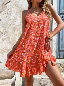SHEIN Unity Allover Floral Print Ruffle Hem Cami Dress - Orange - View 1