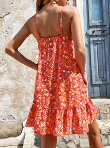 SHEIN Unity Allover Floral Print Ruffle Hem Cami Dress - Orange - View 2