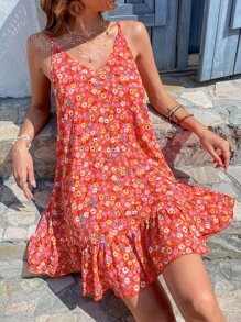 SHEIN Unity Allover Floral Print Ruffle Hem Cami Dress - Orange - View 3