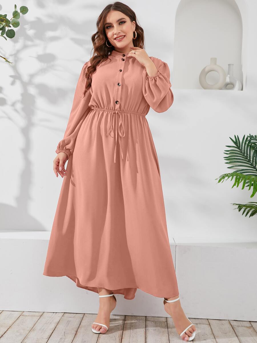 Mulvari 大碼前打結燈籠袖連衣裙 - 珊瑚粉 - 查看 1