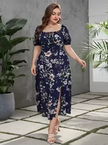 Modelyn Vestido con estampado floral pecho con fruncido de muslo con abertura - Azul Marino - Ver 1