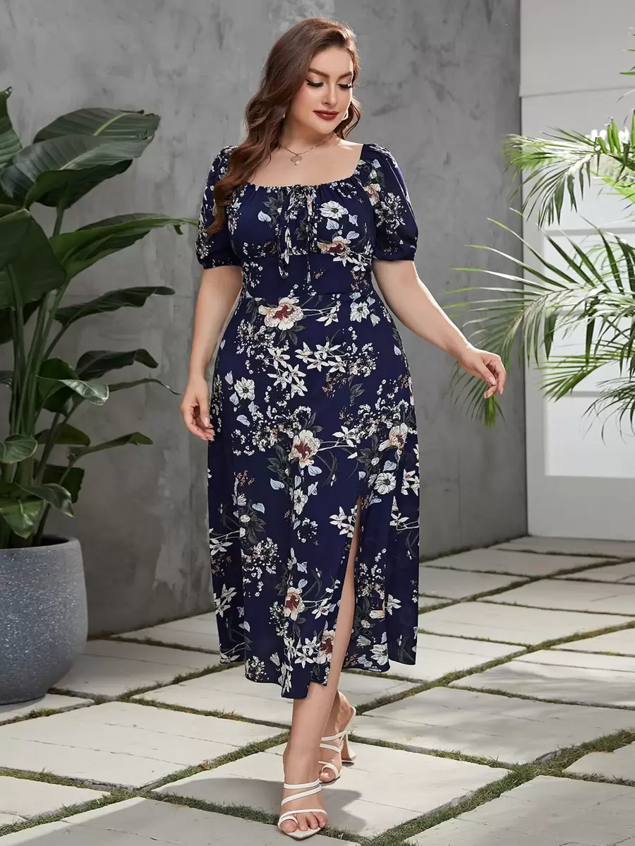 Modelyn Vestido con estampado floral pecho con fruncido de muslo con abertura - Azul Marino - Ver 1