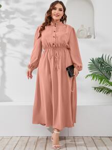 Mulvari 大碼前打結燈籠袖連衣裙 - 珊瑚粉 - 查看 3