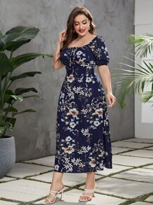 Modelyn Vestido con estampado floral pecho con fruncido de muslo con abertura - Azul Marino - Ver 3
