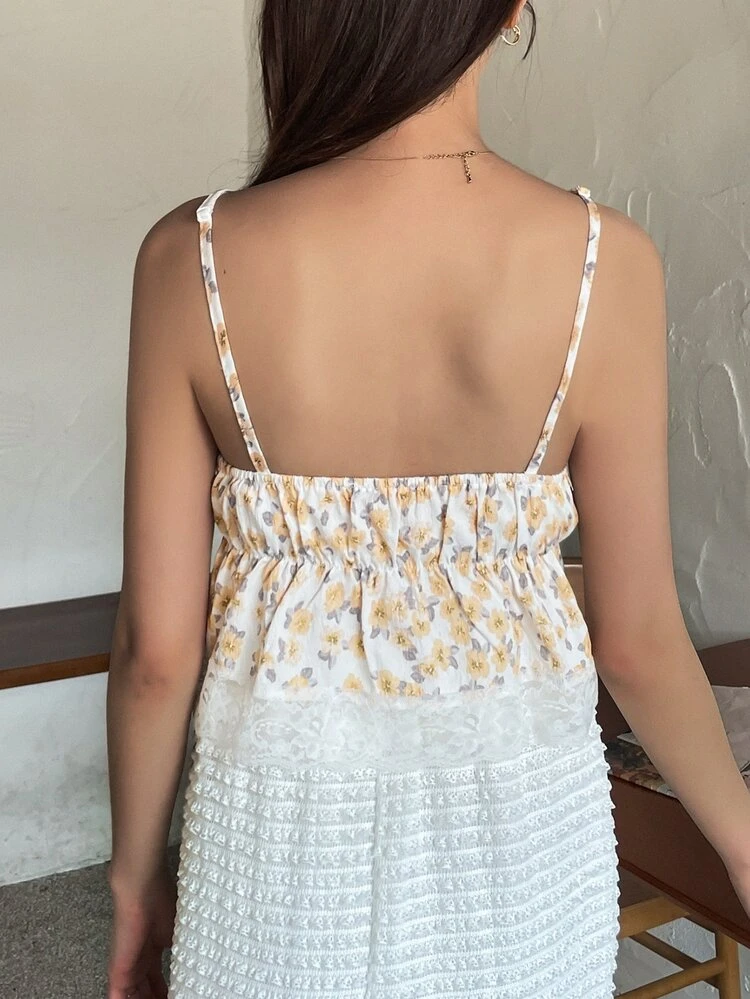 Ditsy Floral Print Contrast Lace Cami Top