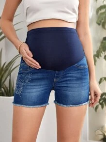 SHEIN Maternity Rhinestone Butterfly Pattern Wide Waistband Raw Cut Denim Shorts - Medium Wash - View 5