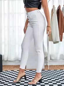 SHEIN Frenchy 高腰前排扣提臀牛仔褲 - 白色 - 查看 4