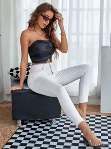 SHEIN Frenchy 高腰前排扣提臀牛仔褲 - 白色 - 查看 5