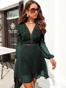 SHEIN Clasi Guipure Lace Insert Lantern Sleeve Chiffon Dress - Dark Green - View 4