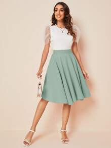 SHEIN Privé High Rise Wide Waistband Circle Skirt - Mint Green - View 4