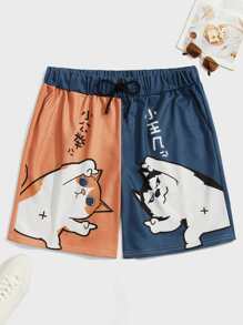Manfinity Hypemode Men Chinese Letter & Cartoon Graphic Drawstring Waist Shorts - Multicolor - View 1