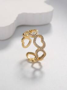 1pc Copper Cubic Zirconia Fashionable Heart Shaped Ring With Micro Inlaid Craft, Cz Decor Hand Jewelry For Women's Daily & Office Outfit - Yellow Gold - View 2