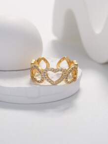 1pc Copper Cubic Zirconia Fashionable Heart Shaped Ring With Micro Inlaid Craft, Cz Decor Hand Jewelry For Women's Daily & Office Outfit - Yellow Gold - View 3