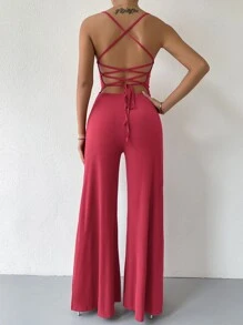 Zolique Lace Up Tied Backless Wide Leg Jumpsuit - Watermelon Pink - View 1