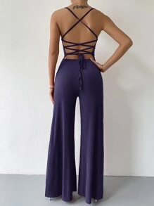 Zolique Mono de pierna ancha con cordón de espalda abierta con cordón - Morado - Ver 1