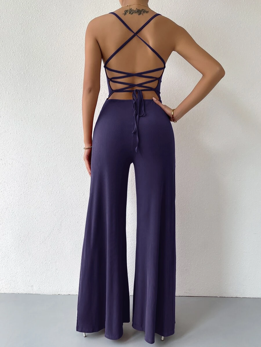 Zolique Mono de pierna ancha con cordón de espalda abierta con cordón - Morado - Ver 1