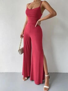 Zolique Lace Up Tied Backless Wide Leg Jumpsuit - Watermelon Pink - View 4
