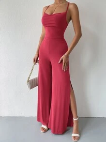 Zolique Lace Up Tied Backless Wide Leg Jumpsuit - Watermelon Pink - View 5