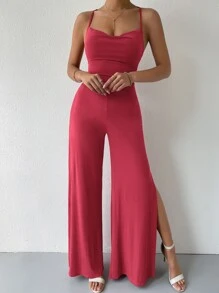 Zolique Lace Up Tied Backless Wide Leg Jumpsuit - Watermelon Pink - View 6