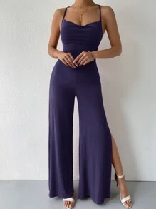 Zolique Mono de pierna ancha con cordón de espalda abierta con cordón - Morado - Ver 6