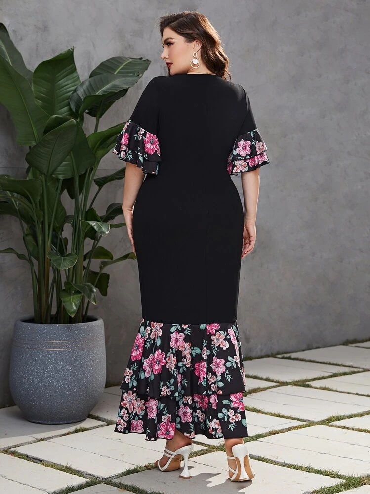Modelyn Robe à imprimé floral à manches évasées sirène - Noir - Voir 2