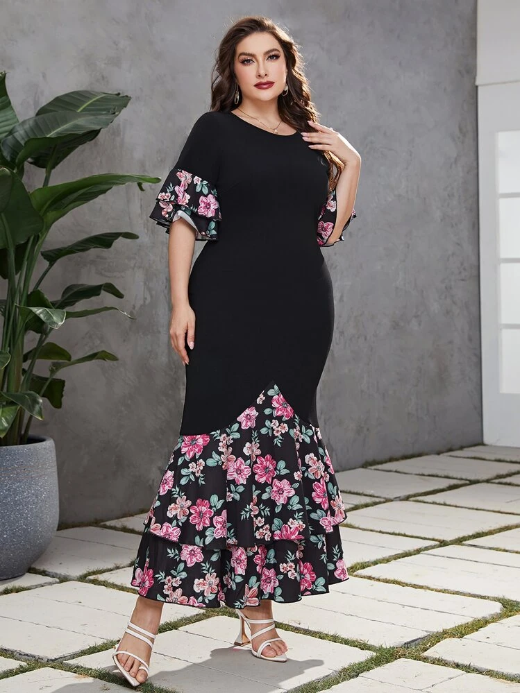 Modelyn Robe à imprimé floral à manches évasées sirène - Noir - Voir 5