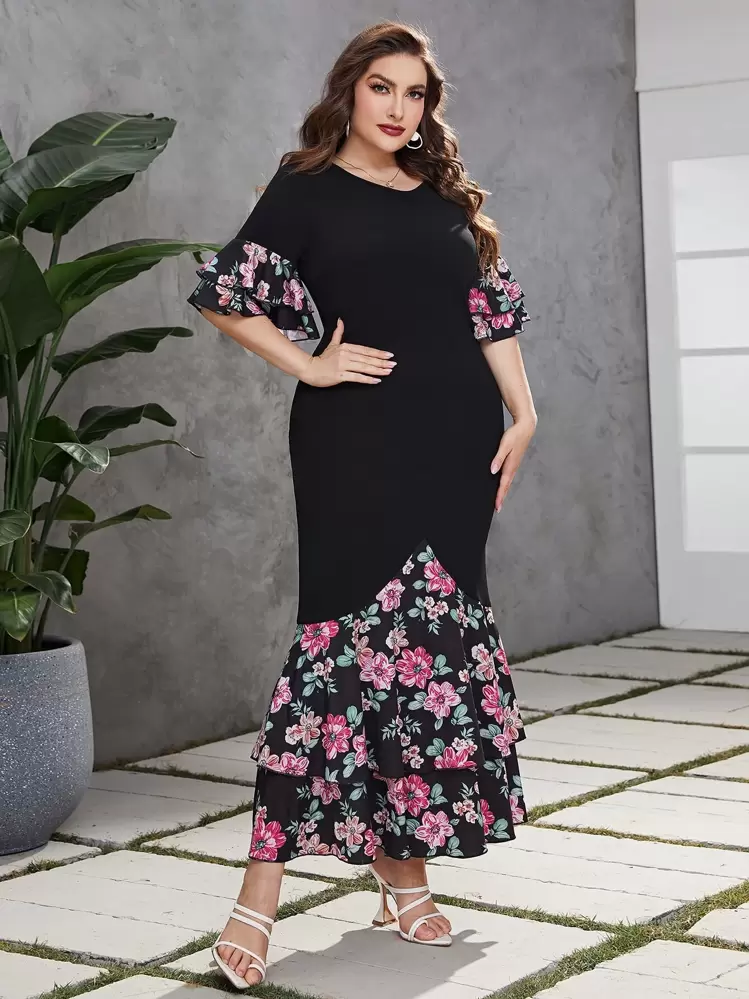 Modelyn Robe à imprimé floral à manches évasées sirène - Noir - Voir 6