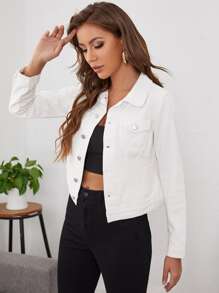SHEIN Essnce Button Front Flap Pocket Trucker Denim Jacket - White - View 5