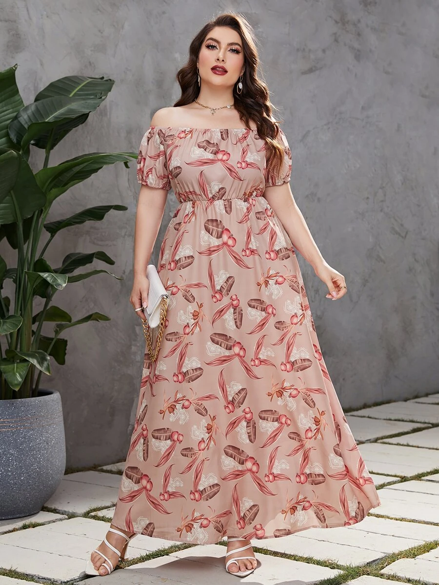 Mulvari Plus Tropical Print Off Shoulder Puff Sleeve Dress - Dusty Pink - View 1