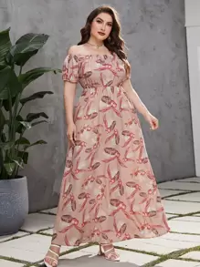 Mulvari Plus Tropical Print Off Shoulder Puff Sleeve Dress - Dusty Pink - View 3