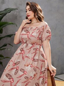 Mulvari Plus Tropical Print Off Shoulder Puff Sleeve Dress - Dusty Pink - View 4