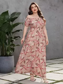 Mulvari Plus Tropical Print Off Shoulder Puff Sleeve Dress - Dusty Pink - View 5