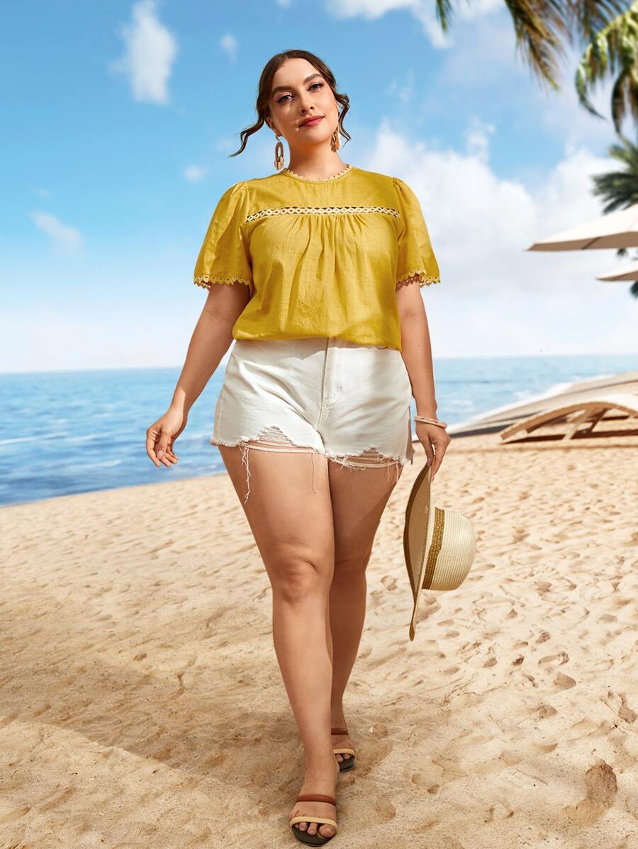 SHEIN VCAY Áo sơ mi Plus Size Nút Tương phản ren màu trơn Boho - Màu vàng - Xem 1