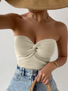 Chiquease 前扭結螺紋針織上衣 - 米色 - 查看 3