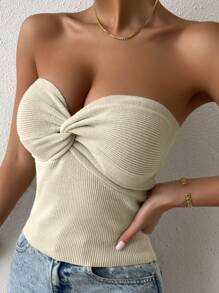 Chiquease 前扭結螺紋針織上衣 - 米色 - 查看 6