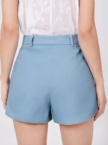 SHEIN Privé Quần đùi nữ Nút Túi Dây kéo màu trơn Giải trí - Màu xanh nhạt - Xem 2