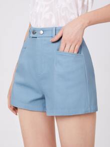 SHEIN Privé Quần đùi nữ Nút Túi Dây kéo màu trơn Giải trí - Màu xanh nhạt - Xem 4