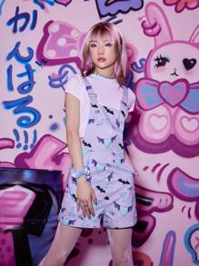 ROMWE Anime Allover Heart & Letter Print Jumpsuit - Multicolor - View 3