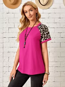 EMERY ROSE Leopard Raglan Sleeve Tee - Hot Pink - View 3