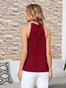 SHEIN Clasi Solid Stand Collar Knot Detail Blouse - Burgundy - View 2