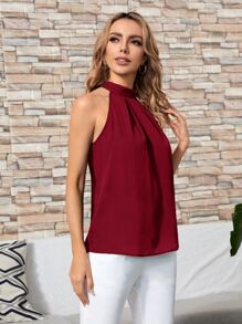 SHEIN Clasi Solid Stand Collar Knot Detail Blouse - Burgundy - View 4