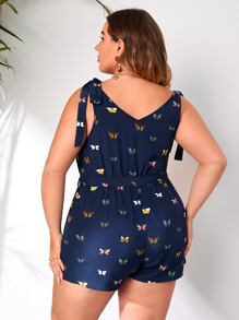 SHEIN Unity 大碼蝴蝶圖案肩上打結腰帶連身短褲 - 藏蓝色 - 查看 2