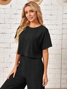 EMERY ROSE Camiseta de hombros caídos & Pantalones de pierna ancha - Negro - Ver 4