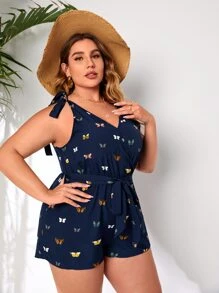 SHEIN Unity 大碼蝴蝶圖案肩上打結腰帶連身短褲 - 藏蓝色 - 查看 4
