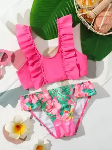 Conjunto de bikini con volantes con estampado tropical aleatorio para niña pequeña, playa de verano - Rosa Fucsia - Ver 1