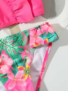 Conjunto de bikini con volantes con estampado tropical aleatorio para niña pequeña, playa de verano - Rosa Fucsia - Ver 4