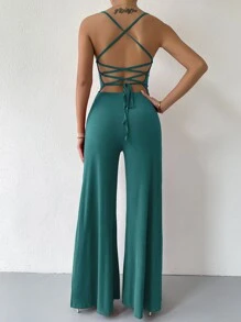 Almamuse Lace Up Tied Backless Wide Leg Jumpsuit - Teal Blue - View 1
