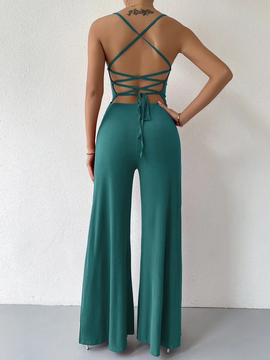 Almamuse Lace Up Tied Backless Wide Leg Jumpsuit - Teal Blue - View 1