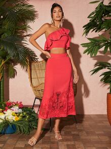 One Shoulder Ruffle Trim Crop Top - Watermelon Pink - View 4