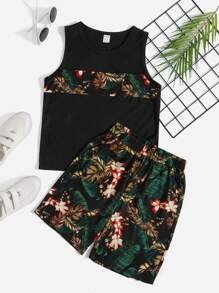 SHEIN 青少年男孩熱帶印花背心和短褲套裝 - 彩色 - 查看 1